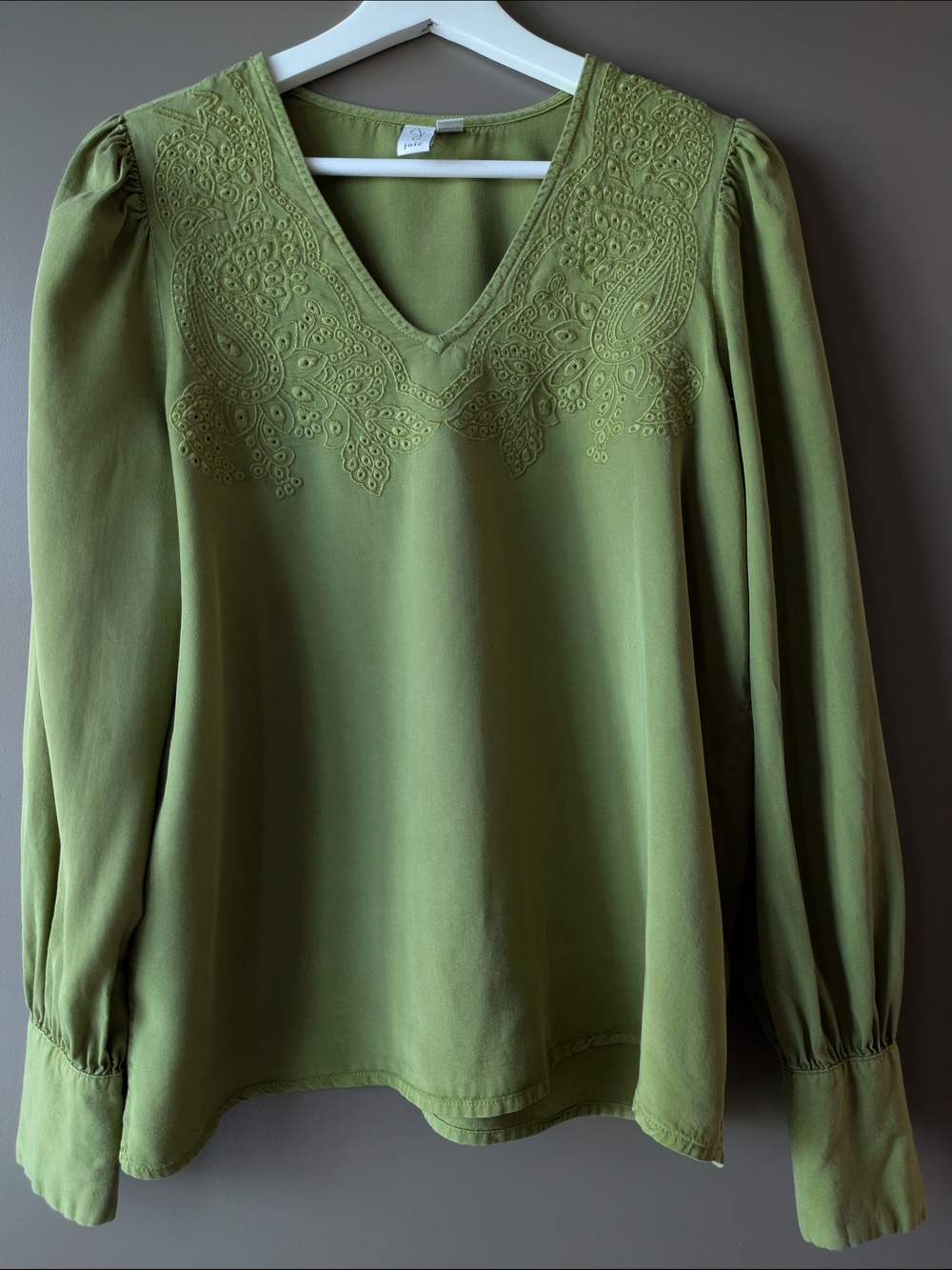 Joie Olive Green V-Neck Embroidered Long-Sleeve Blouse Boho Small